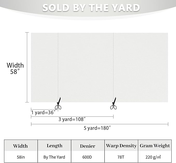 Waterproof Canvas Fabric by The Yard 58inch 600D Upholstery Material Polyester Fabric Outdoor Water Resistant Fabric for Sewing Chair Patio Cushion Purse Bag Interior, 8 Yard White