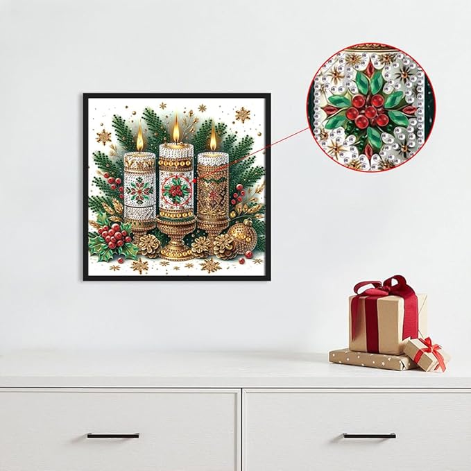 5D Christmas Candles Special Shape Diamond Art Kits for Beginners, Christmas Winter Theme Diamonds Painting Kits for Adults,DIY Crystal Rhinestones Diamond Paintings for Home Wall Decor 12×12Inch