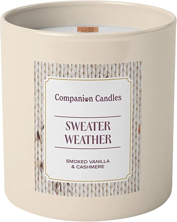 Companion Candles Sweater Weather Pet-Friendly Scented Candle – Smoked Vanilla & Cashmere Fragrance - Coconut Soy Wax Candle with Wooden Wick, Approx. 50-Hour Burn Time, Made in USA, 11.8 oz