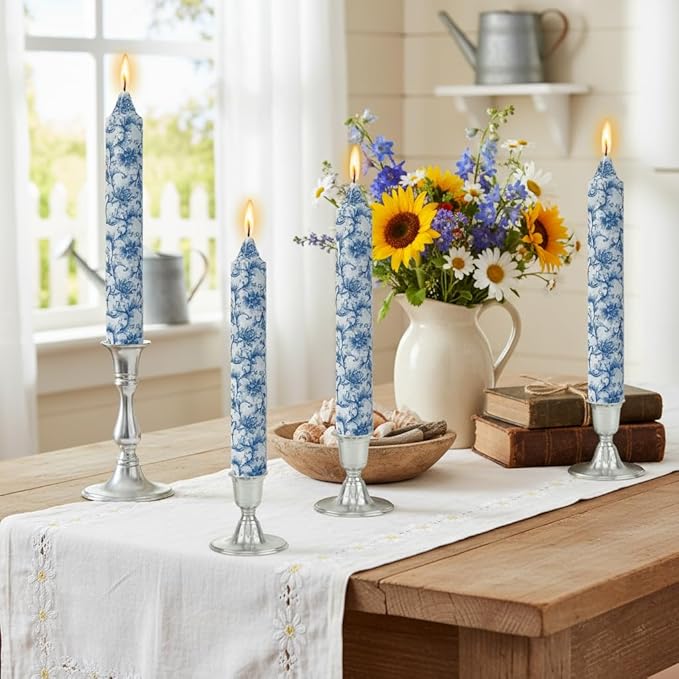 9 Inch Blue and White Thick Taper Candles Hand Poured Smokeless Unscented Clean Burning Chinoiserie Floral Candles for Wedding Centerpiece Nautical Ceremony Tall Candle Sticks