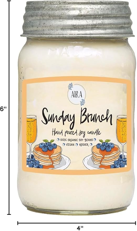 Aira Soy Candles - Organic, Kosher, Vegan, in Mason Jar w/Therapeutic Grade Essential Oil Blends - Hand-Poured 100% Soy Candle Wax - Paraffin Free, Burns 110+ Hours - Sunday Brunch -16 Ounces