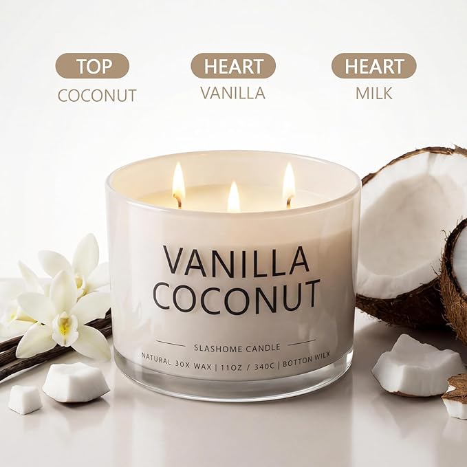 Vanilla Coconut Scented Candle, Luxury Large 3 Wick Soy Candle 12 Oz, 60+ Hour Long Lasting Clean Burn, Elegant Aromatherapy Home Decor, Valentine's Day & Housewarming & Birthday Gift for Men Women