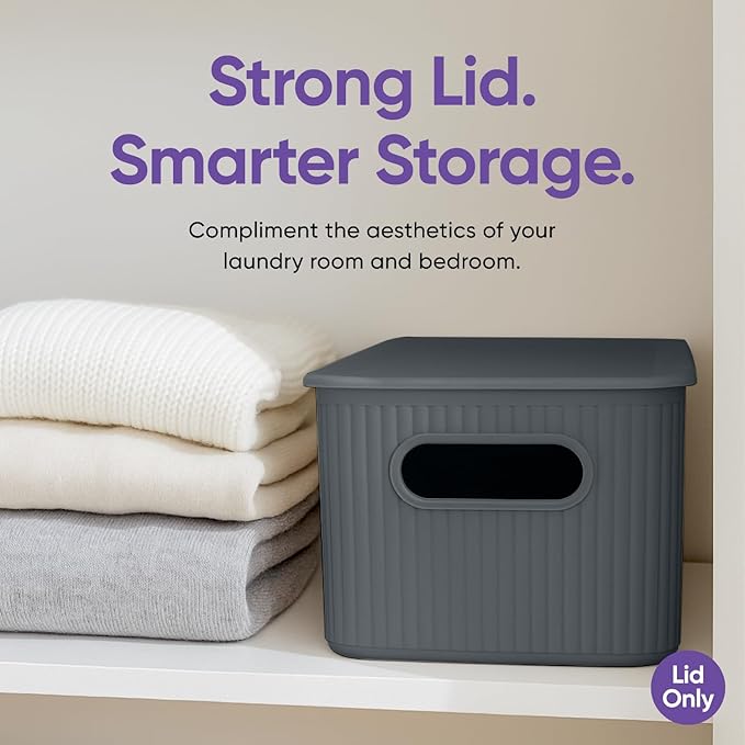 Superio Ribbed Collection Lid for Decorative Plastic Basket Open Home Storage Bins Organizer Baskets, Medium Grey - for Organizing Closet Storage Bins for Shelves Drawer Shelf 5 Liter