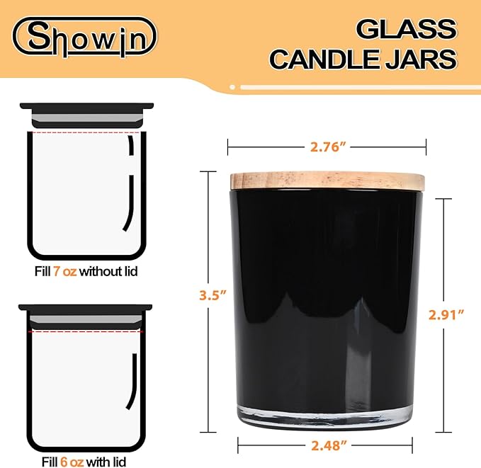 Thick Candle Jars for Making Candles 12 Pcs, 7 OZ Empty Jars with Wood Lids for Candle Making, Sample Container, Inner Black