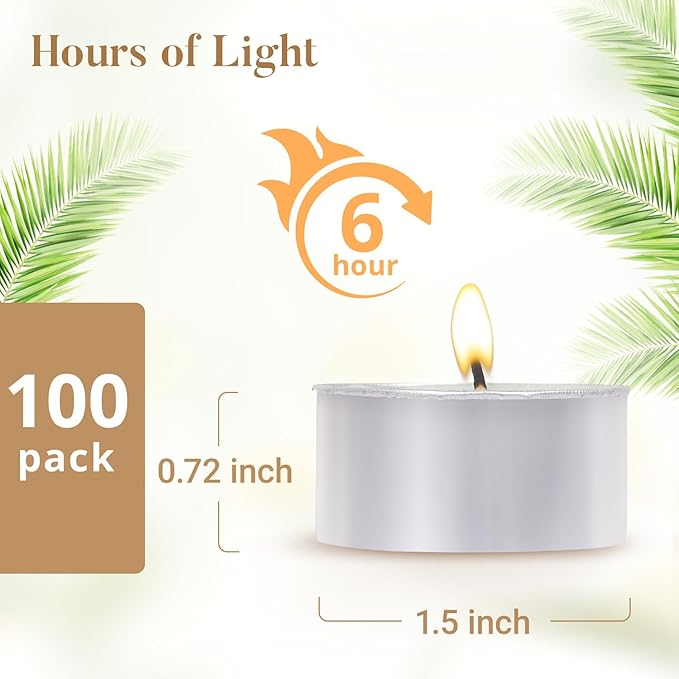 Unscented Tea Lights Candles 100 Pack,6 Hours Long Burning White Tea Candles Bulk,Non-Paraffin, Clean Burn, Smokeless, Palm Tealight Candles for Wedding,Centerpiece,Christmas Lights,Home Dceor