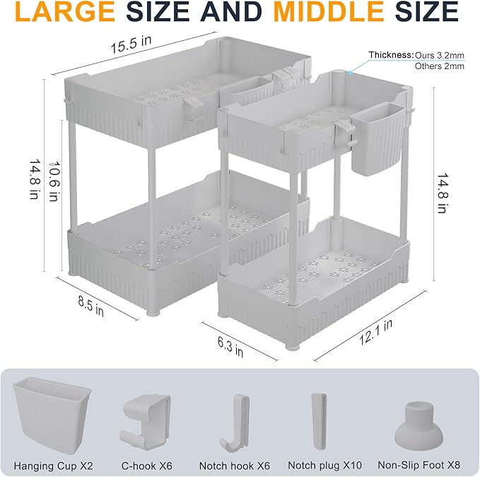 2 Pack Under Sink Organizer, Under Bathroom Cabinet Organizer with Hooks Hanging Cup, Multi-Purpose Storage Shelf for Kitchen Bathroom (Gray, 14.8 Inch)