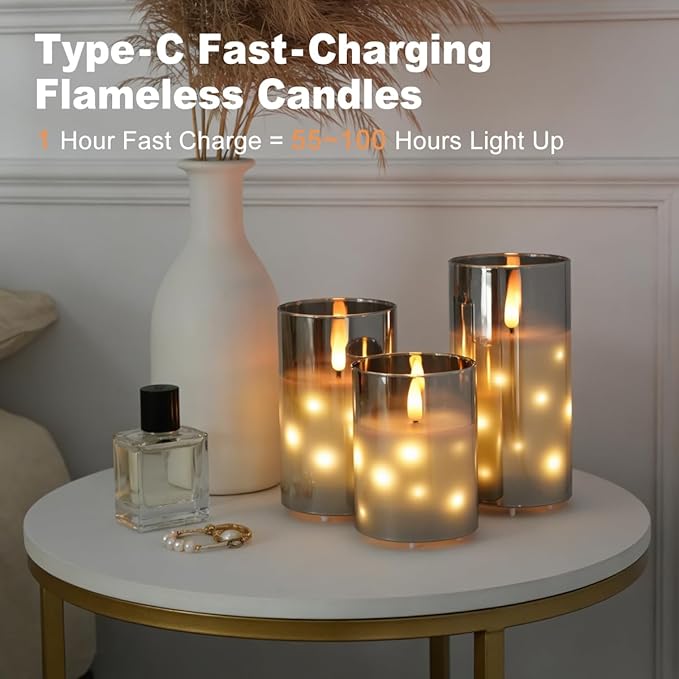 Rechargeable Glass LED Flameless Candles, Embedded Star String Flickering Flameless Candles for Romantic Ambiance and Home Decoration with Remote & Timer(Gray)