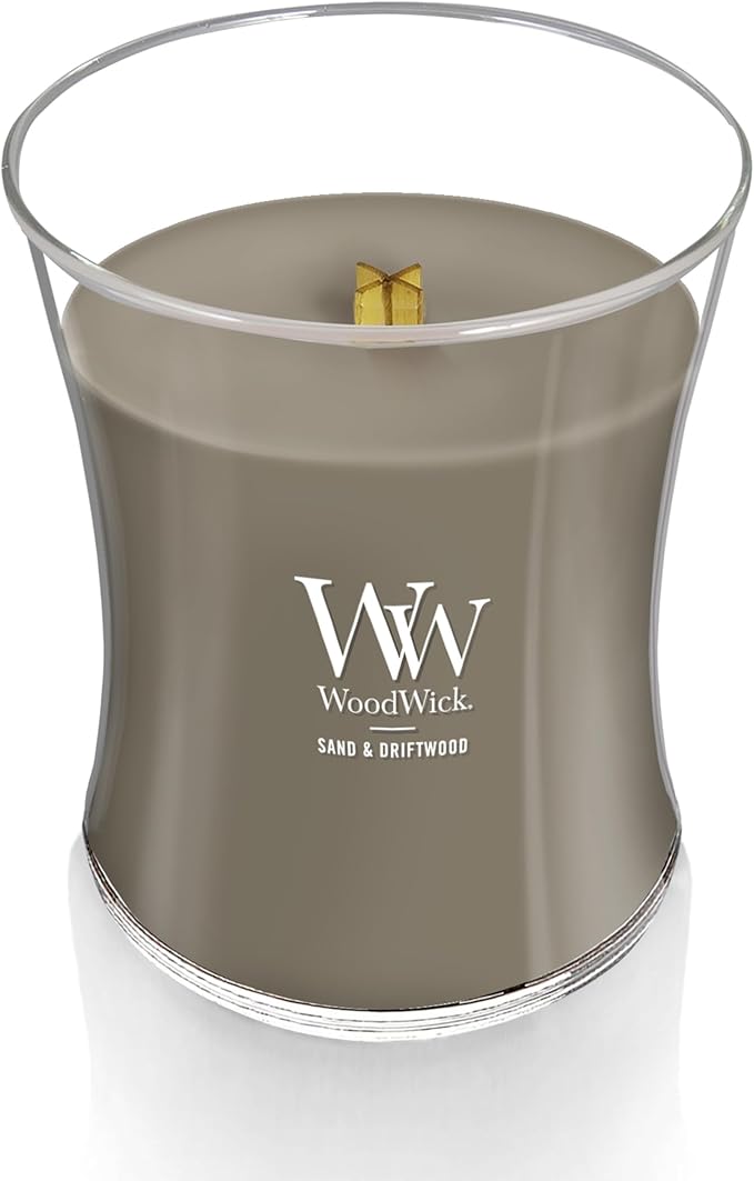 WoodWick Sand & Driftwood Gifts for Women and Men, 9.7 oz Medium Hourglass Candle with Crackling Wick