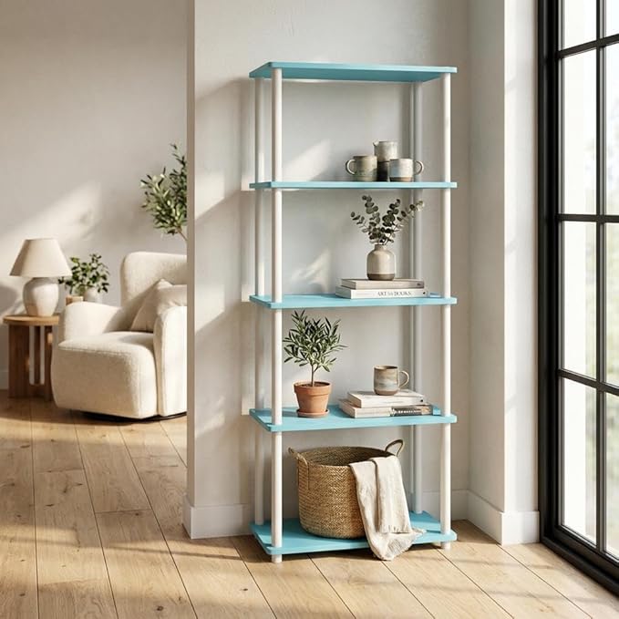 Furnifact Light Blue White Bookcase with Wooden Shelves, Contemporary Design, Durable Wood Material, Ample Storage for Home or Office