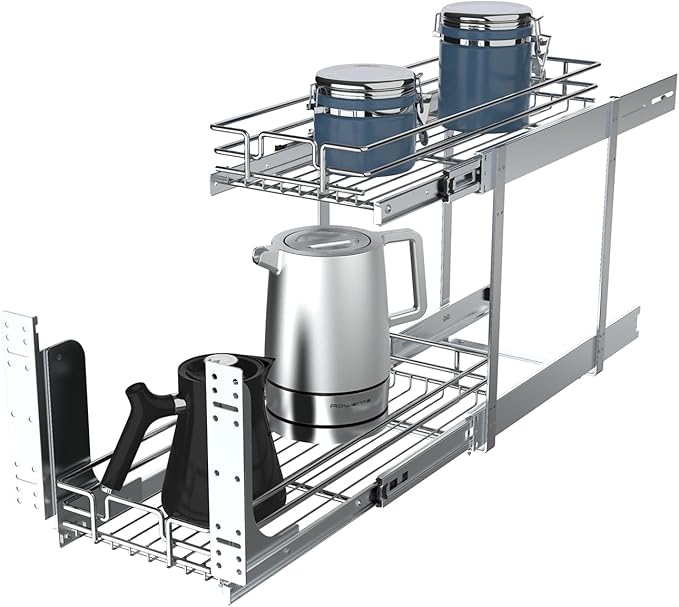 2 Tier Pull Out Cabinet Organizer, 9" W x 21" D Heavy-Duty Metal Sliding Drawer Shelf for Kitchen Cabinets, Chrome, Doesn't Include Door Fittings