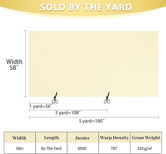 Waterproof Canvas Fabric by The Yard 58inch 600D Upholstery Material Polyester Fabric Outdoor Water Resistant Fabric for Sewing Chair Patio Cushion Purse Bag Interior, Pre Cut 1 Yard Light Yellow