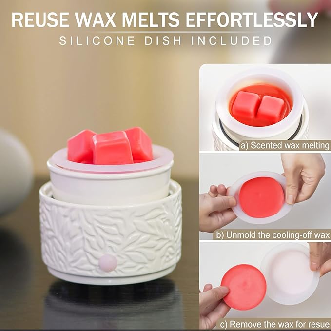 Wax Melt Warmer with Timer & Silicone Liner, Electric 3-in-1 Wax Melter, Ceramic Candle Warmer for Scented Wax, Scent Oil Burner for Home Aromatherapy, White