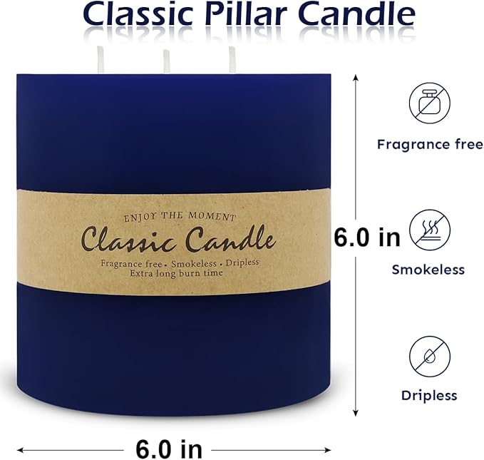 Large 3-Wick Navy Blue Pillar Candle - 6x6 Inch Dripless & Smokeless Unscented Fat Candle, 120 Hour Long Burning Hand-Poured Thick Candle with Cotton Wicks