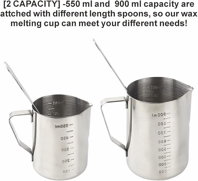 2PCS Candle Making Pouring Pot With Long Spoons, Wax Melting Measuring Cups, Stainless Steel Pitcher With Dripless Spout (600ml, 900ml)