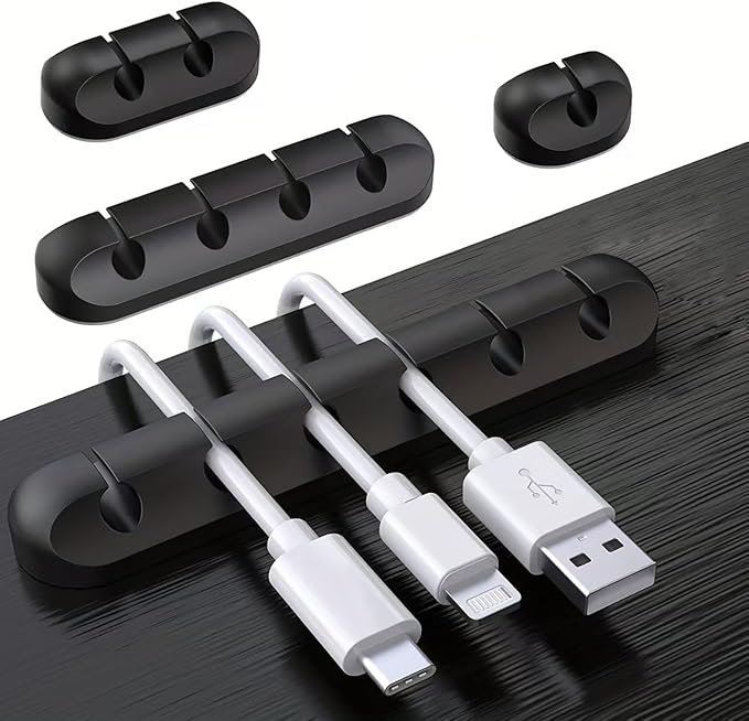 Multi-Purpose Cable Management System, Silicone Wire Organizer Clips Set, Black, 9-Piece Kit with 4 Sizes, Desktop and Office Cable Holder for Charging, Data, Network, Audio Cables