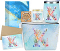 Personalized Gifts Monogrammed Birthday Gifts for Women, Soul Sister Bachelorette Party Wedding Christmas Initial Wine Tumbler Makeup Bag Scented Candle Bracelet Set, (Aesthetic Blue Flower K)