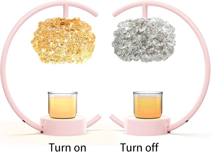 Yeuslor Pink Candle Warmer Lamp for Jar Candles with Adjustable Brightness＆Timer，Handcrafted Crystal＆Wooden Base,Candle Lamp Luxurious Design+2Bulbs,Home Decoration Electric Candle lamp(C-Shaped)