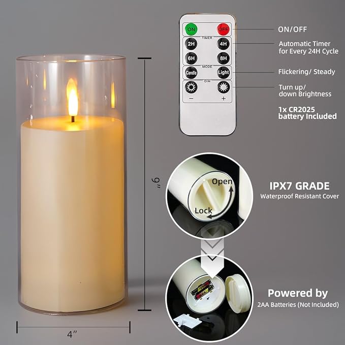 Niceme 9” x 4” Large Waterproof Outdoor Flameless Candles with Remote Control Timer, Flickering LED Pillar Candles Battery Operated for Indoor Outdoor Lanterns Patio Porch Decor, Long Lasting Set of 2