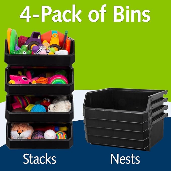 Extra Large Plastic Storage Bins, Stackable Organizer Containers for Closet Pantry Shelf Garage and Office Organization, Black, 4 Pack
