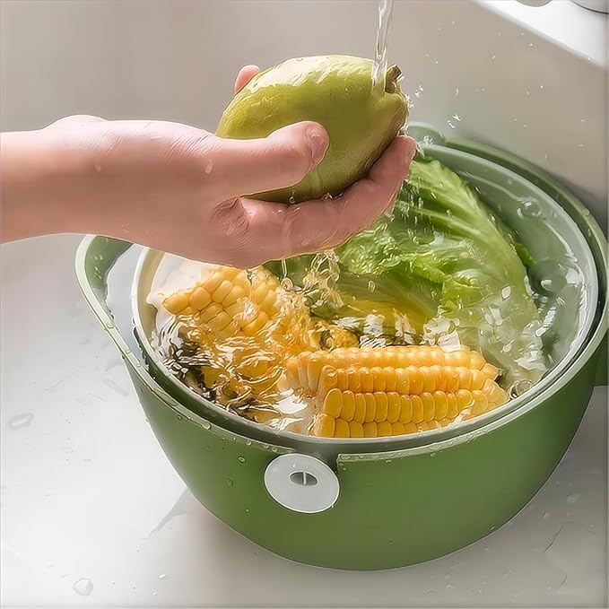 2-1 Kitchen Colander Rotating Washing Basket with Handle - Pasta Strainer - Fruit Washing Bowl with Strainer - Fruit Rinser Container (Avocado Green)