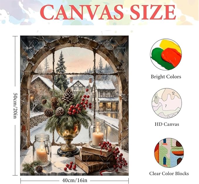 Winter Paint By Numbers Kit For Adults - Diy Holiday Window With Pinecones And Candles Painting On Canvas 16X20 Inches, Acrylic Paint Set, Suitable For Beginners, Cozy Home Decoration Art, Unframed