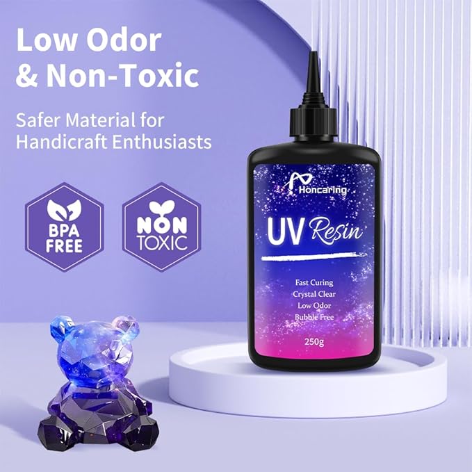 Honcaring UV Resin 500g, Clear Beginner-Friendly Kit with Silicone Tools, Upgraded Formula & Crystal Clear for Jewlery Making, Craft, 250g*2 Resin UV Kit for Earring, Pendant, DIY