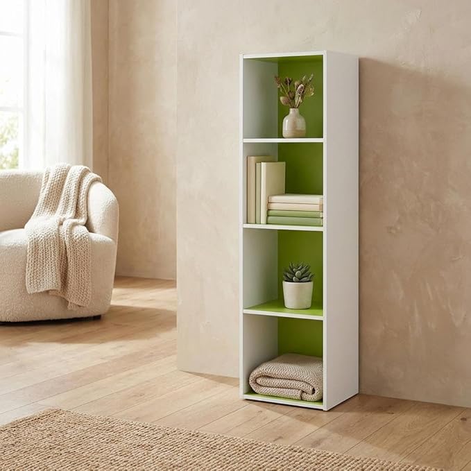 Furnifact Green White 4-Tier Open Shelf Bookcase, Wooden Storage Organizer, Modern Design, Durable Wood Material, Suitable for Living Room or Office