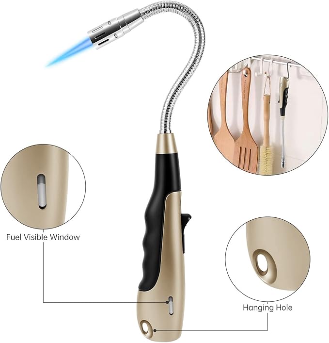 Butane Lighter Long Lighter with Visual Window for BBQ Candle,Glod(No Butane Inside)