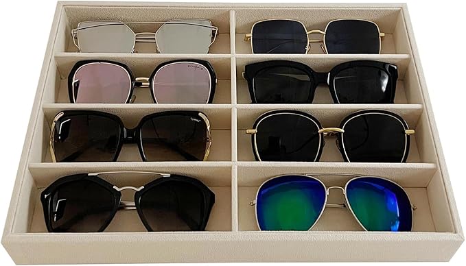 8 Slot Large Light Beige Premium Quality Velvet Sunglasses Eyewear Glasses Watch Box Tray Stackable Practical Trade Show Home Use Jewelry Display Organizer Drawer Divider Insert