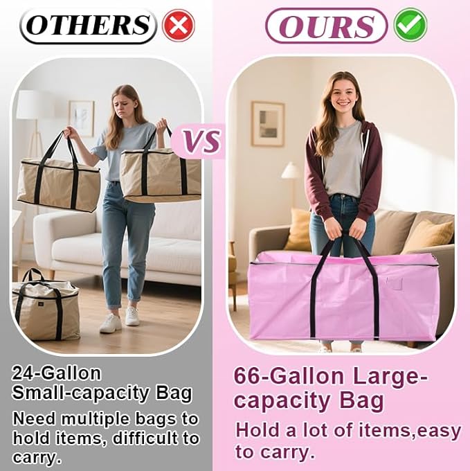 66 Gallon Extra Large Moving Bags - Heavy Duty Storage Bags with Zipper & Strong Handles, Pink Packing Bag for Moving, Storage, Travel and Camping, College Dorm & Home Supplies, 1 Pcs