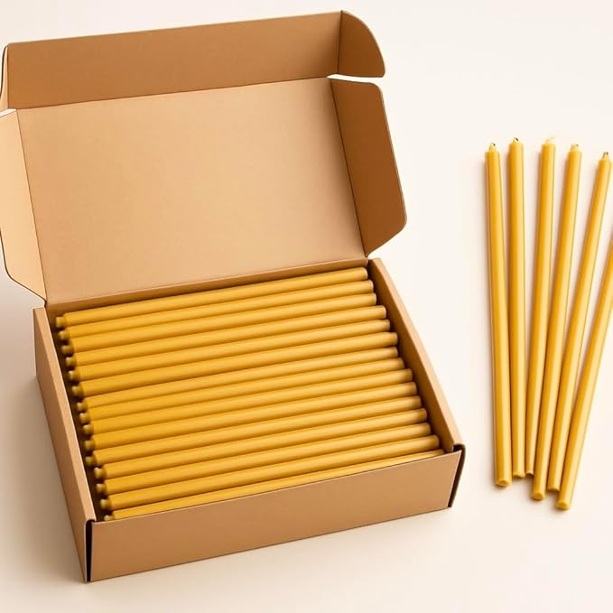 100 All Natural Décor 100% Pure Beeswax Taper Candles – Bulk, Tall (12 in), Unscented, Dripless, Smokeless, Slow Burning, Non Toxic, Honey Scent - for Home, Dinner, Cake, Church, Hanukkah, Christmas