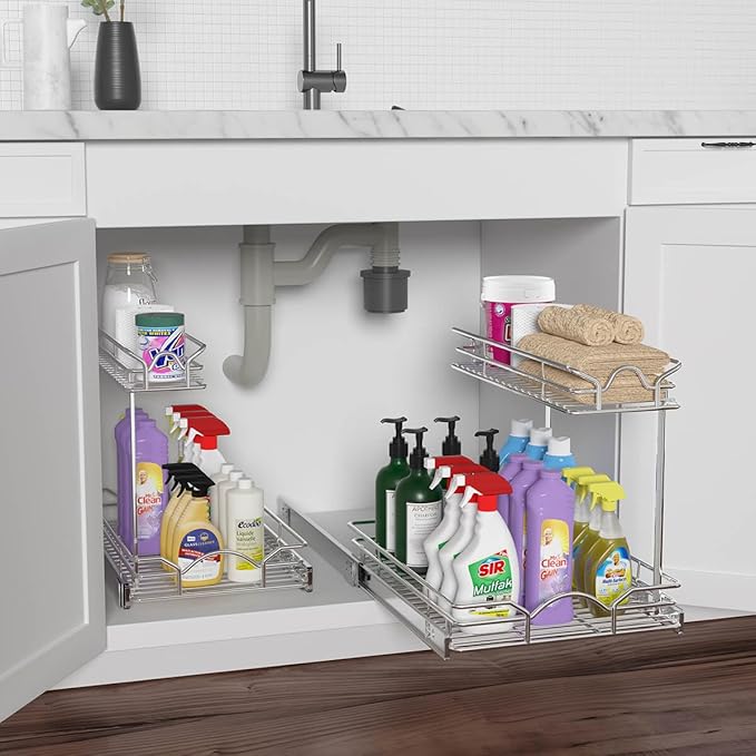 OCG Under Sink Cabinet Organizer Two Tier Pull Out Shelf (11.75W x21D), Under Sink Sliding Shelf for Kitchen Bathroom Cabinet 2 Tier Chrome