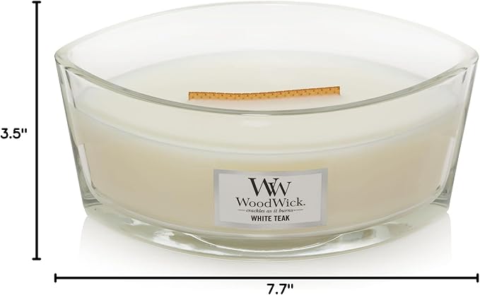 WoodWick White Teak Gifts for Women and Men, 16 oz Ellipse Candle with Crackling Wick