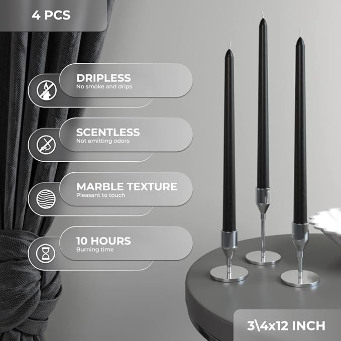 CANDWAX 12 inch Taper Coal Black Candles — Slow Burning Unscented Smokeless Dripless Tapered Candle Set of 4 — Perfect for Gothic Parties and Halloween Gatherings (Packaging May Vary)