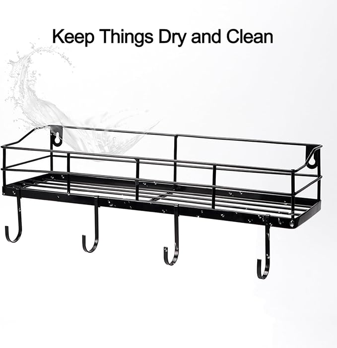 Lyeasw Black Floating Shelves Wall Mounted with 8 Removable Hanging Hooks, 15-Inch Adhesive Shower Shelf Organizer for Bathroom Kitchen Storage Rack, Set of 2