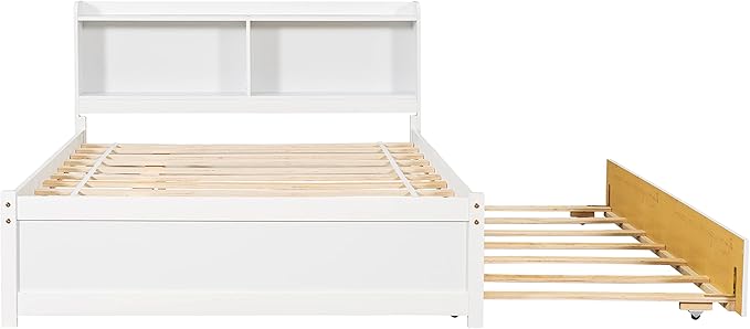 Harper & Bright Designs Full Size Captain Bed with Trundle and Bookcase Headboard, Wooden Full Platform Bed Frame with Storage Bookself, Trundle Bed Under for Kids Girls Boys, White