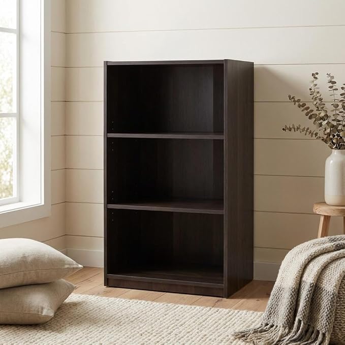 Furnifact Espresso 3-Shelf Bookcase with Sturdy Construction, Spacious Shelves for Books and Decor, Stylish Modern Design for Living Room or Office