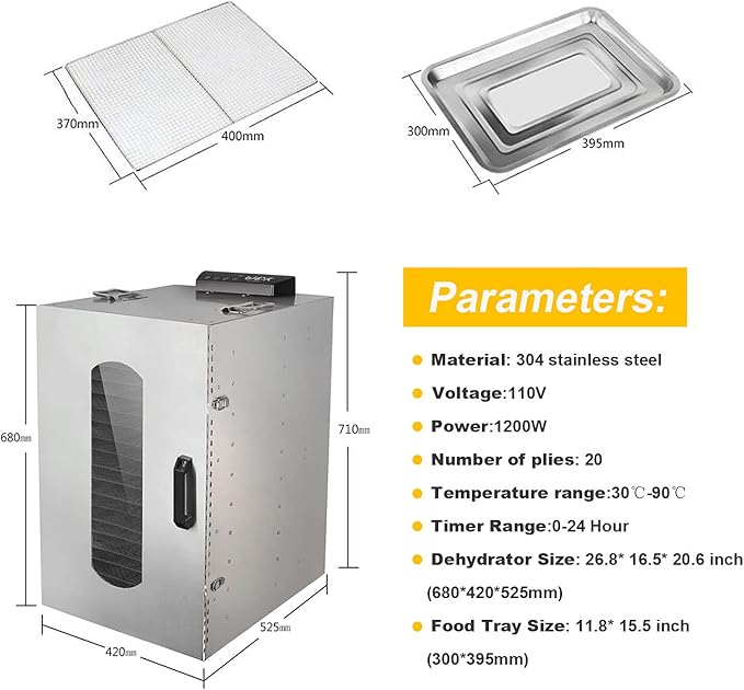 20 Layer Food Dehydrator Fruit Vegetable Dry Machine Pet Food Dryer Food Dehydrator for Drying Stainless steel 110V 86℉-194℉