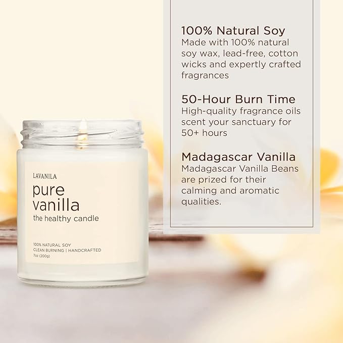 Lavanila Pure Vanilla Scented Natural Soy Candle (2-Pack) - Handcrafted, Clean Burning 50 Hour Burn Time, 7 oz Each