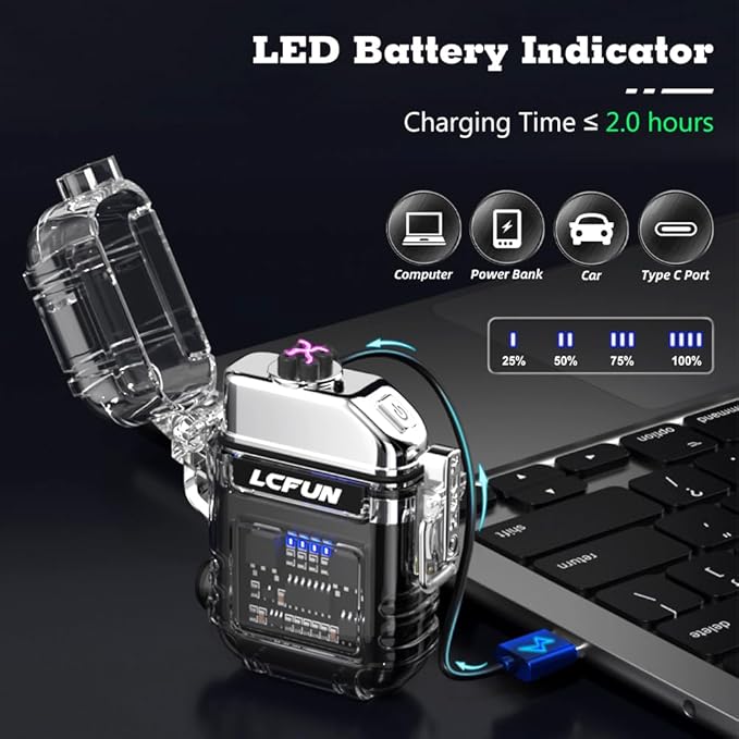 LcFun USB Rechargeable Electric Lighter, Windproof Plasma Dual Arc Lighters, Waterproof Flameless Lighter with Battery Display & Flashlight for Hiking, Camping Gear, Survival Kits