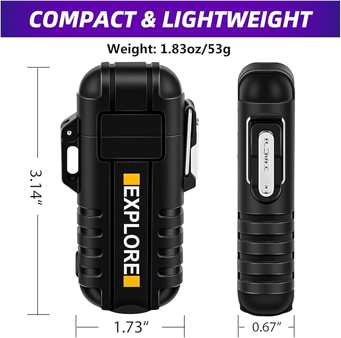 LcFun Waterproof Electric Dual Arc Lighter USB Type C Rechargeable Windproof Flameless Plasma Lighters with Flashlight for Camping, Hiking, Outdoor Survival, Tactical Gear Gifts for Men