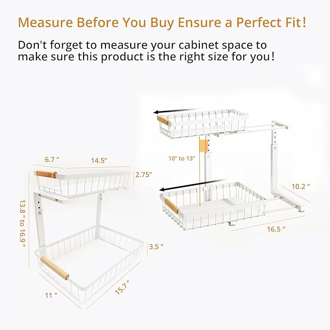 Under Sink Organizer 2 Pack, 2 Tier Pull Out Cabinet Organizers and Storage for Kitchen Bathroom Pantry Laundry, Adjustable Height, Slide Out Thickened Metal Storage Shelf (White, 2 Pack)