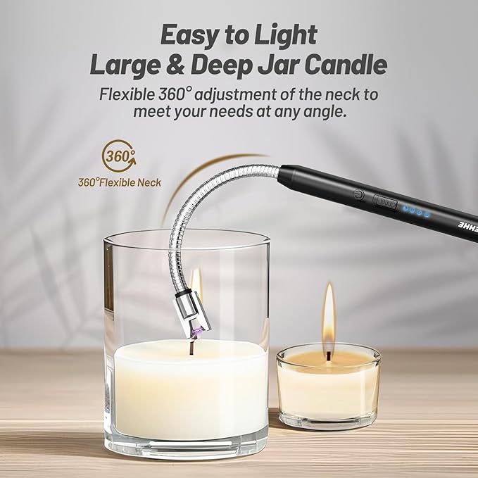 Electric Candle Lighter, Safty Lock, Long Flexible Neck, USB Type-C Port, Rechargeable Lighter, Windproof Flameless, Led Display, for Home Kitchen (Black)