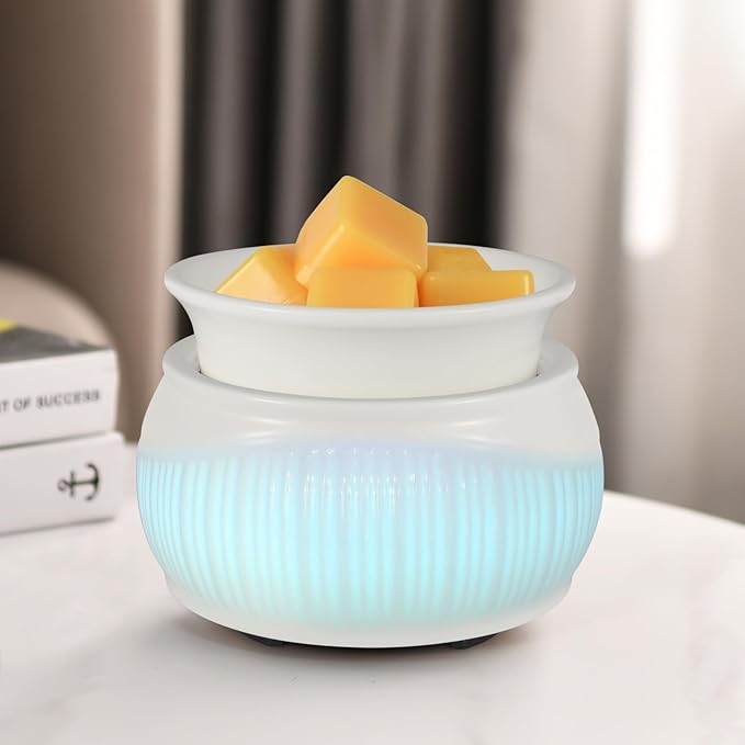 Ceramic Wax Melt Warmer for Scented Wax Warmer with 7 Colors LED Ambiance Light 3-in-1 Electric Fragrance Candle Burner for Home Office Deco Birthday Gifts for Women Girl Mom Daughter (White-02)