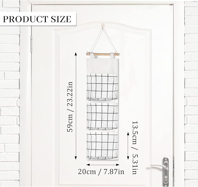 FuninCrea Linen Fabric Hanging Organizer, Waterproof Wall Storage Bag with 3 Pockets, Space Saving Hanging Wall Organizer for Living Room, Bedroom, Bathroom (White)