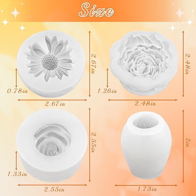 4 Pcs Flower Silicone Molds Set, 3D Floral Silicone Molds Daisy, Peony, Rose, Tulips, Easy Release, Ideal for DIY Candles, Soap, Epoxy Resin Casting Mom Gifts