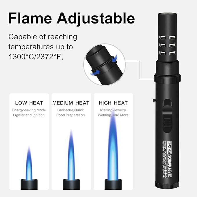 Camping Lighter, Torch Lighter, Windproof Jet Flame Butane Refillable Adjustable Flame with Safety Lock&Fule Guage for Campfires Kitchen Hiking Candles Fireplace BBQ Outdoor Camping Essentials(Black)