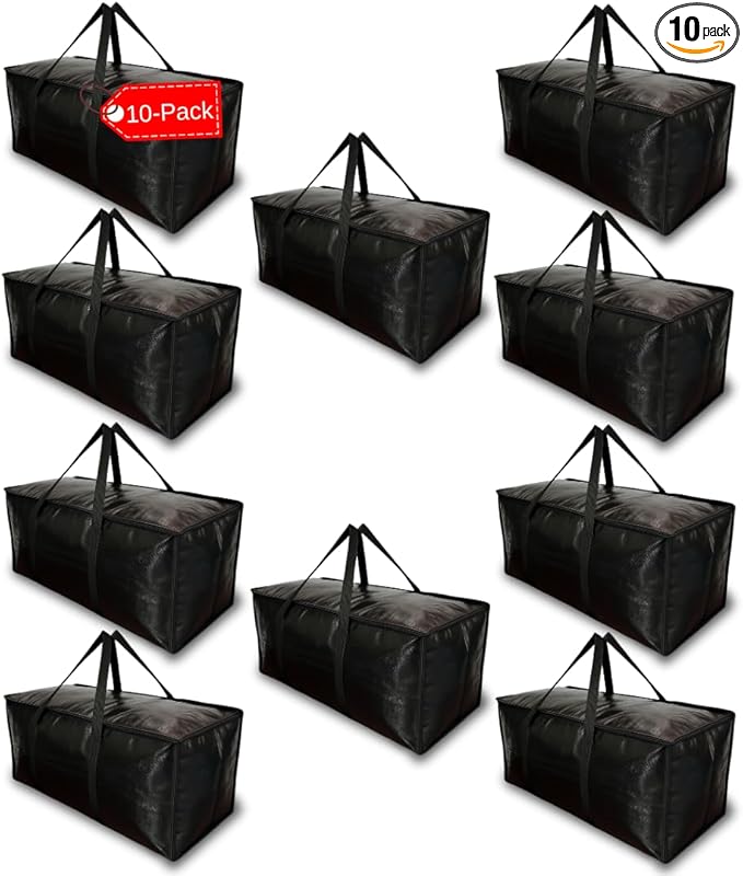 BAG-THAT! 10 - Pack Heavy Duty Large Moving Bag with Strong Zipper and Comfortable Handles Durable & Sturdy Large Storage Bags Totes Bins Packing Moving Boxes College Supplies for Packing