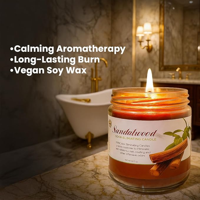 Odor Eliminating Candle Set (Sandalwood) - Pack of 2 (12oz) | 90-Hour Burn Time | Premium Soy Wax Candles | Eliminates 99% of Pet, Kitchen, & Smoke Odors | Eco-Friendly & Long-Lasting