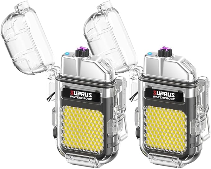 SUPRUS Waterproof 3 Modes of Flashlight Windproof Lighter Dual Arc Electric Rechargeable Dual Arc Plasma Lighter with Survival Emergency Whistle and Lanyard (Black, 2Packs)
